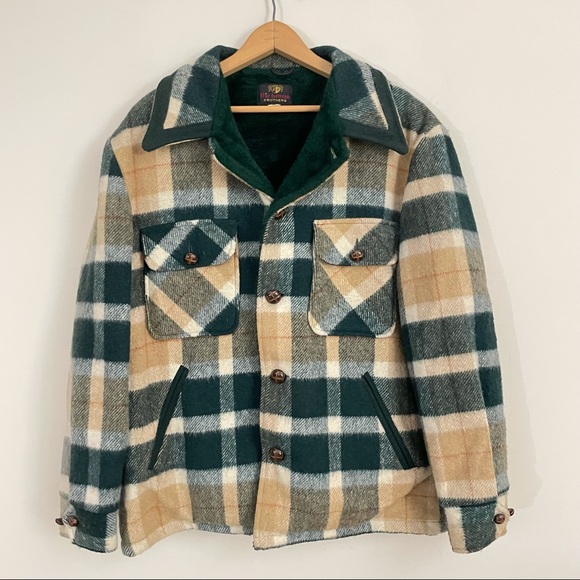 richman brothers Other - Vintage plaid wool blend faux fur lined chunky jacket green tan 90s large field